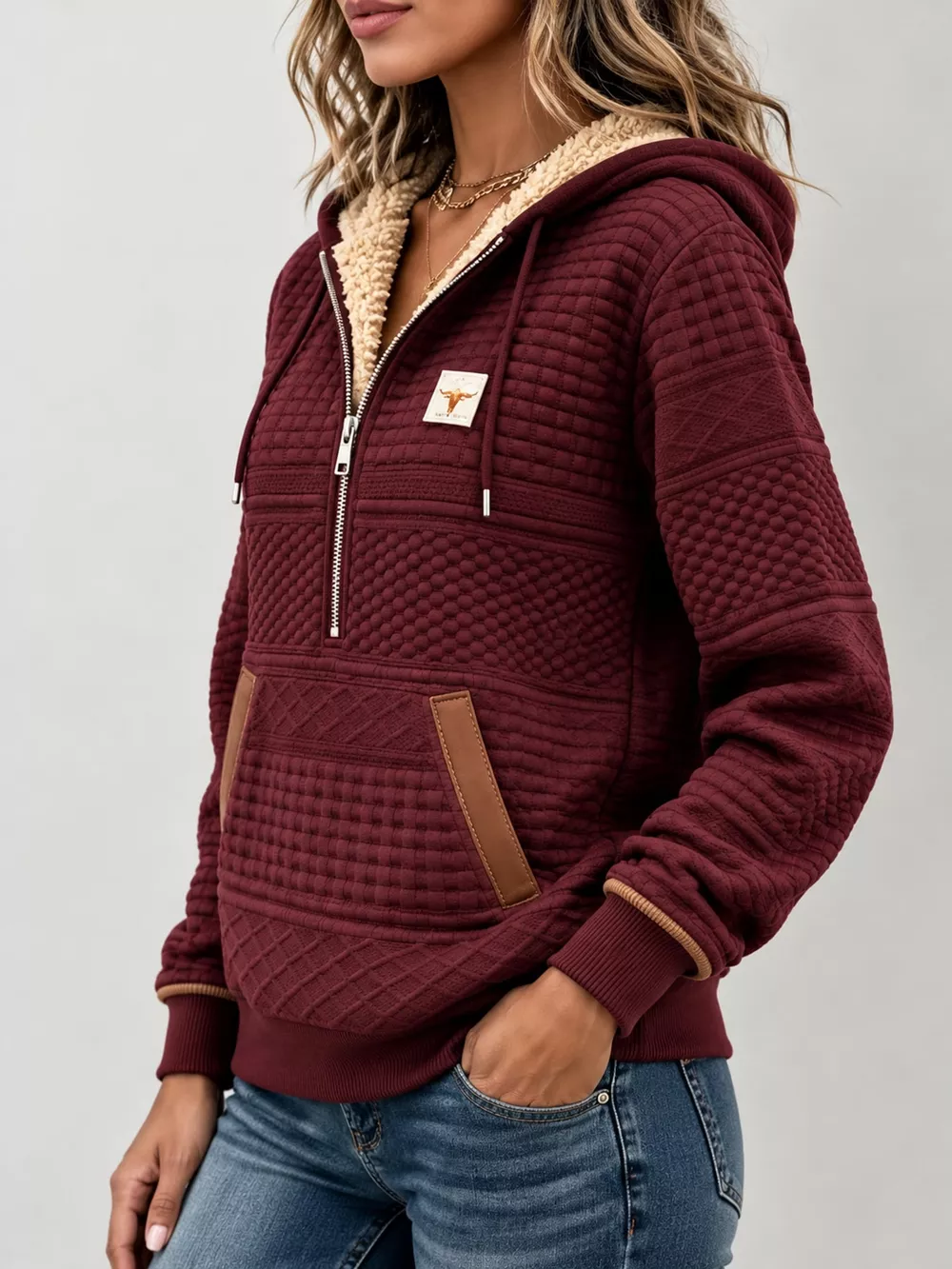 Full Size Half Zip Texture Hoodie Plus Size, image 6