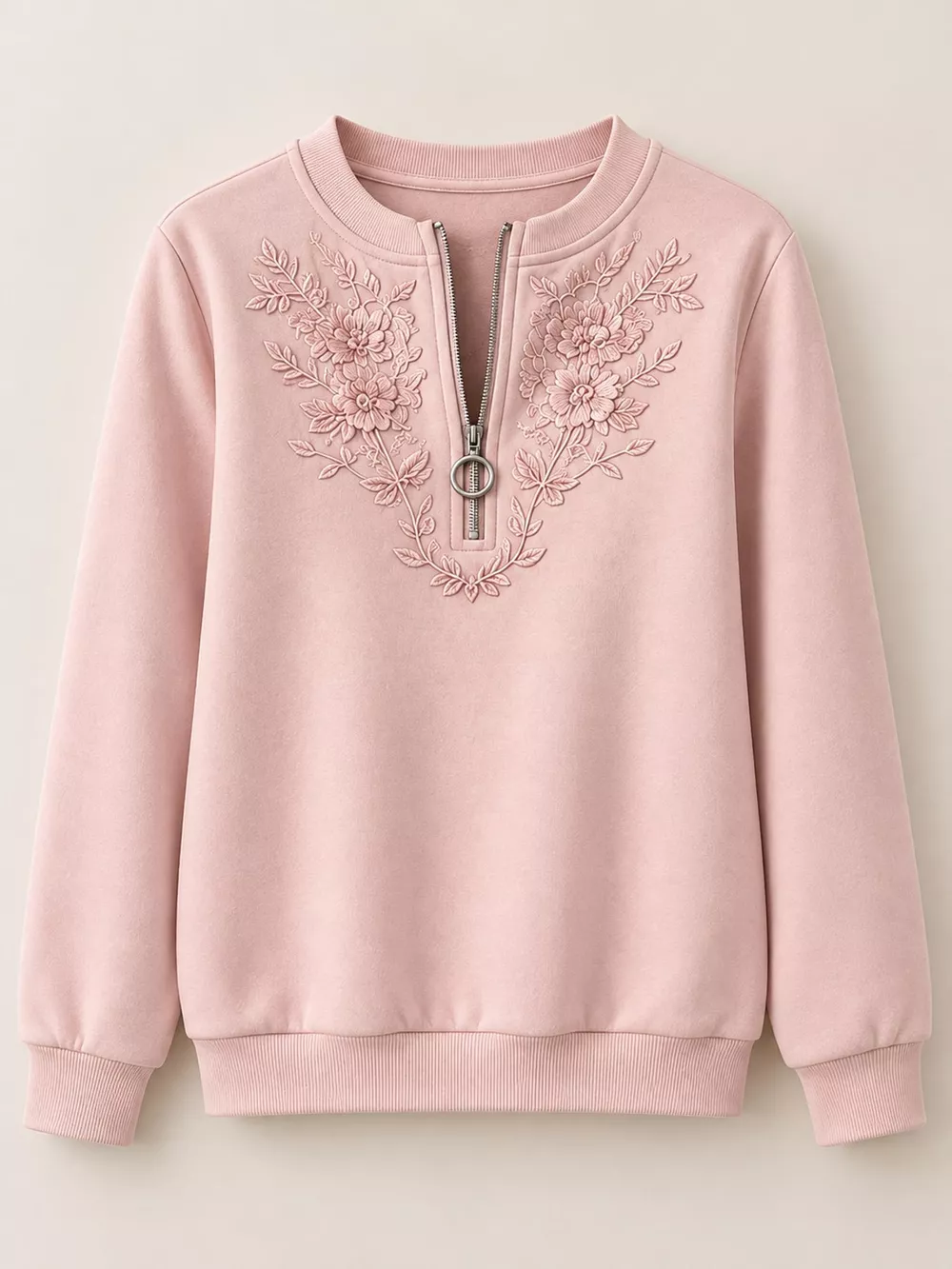 Floral Embroidered Quarter-Zip Sweatshirt, image 3