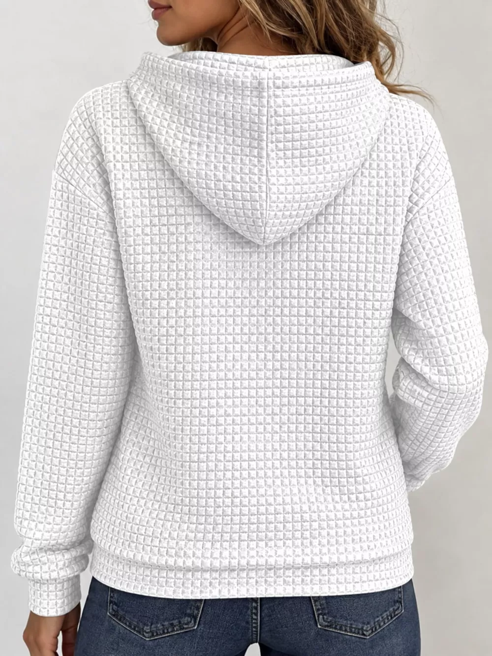 Waffle Knit Zip-Up Hoodie with Drawstring and Pockets, image 8