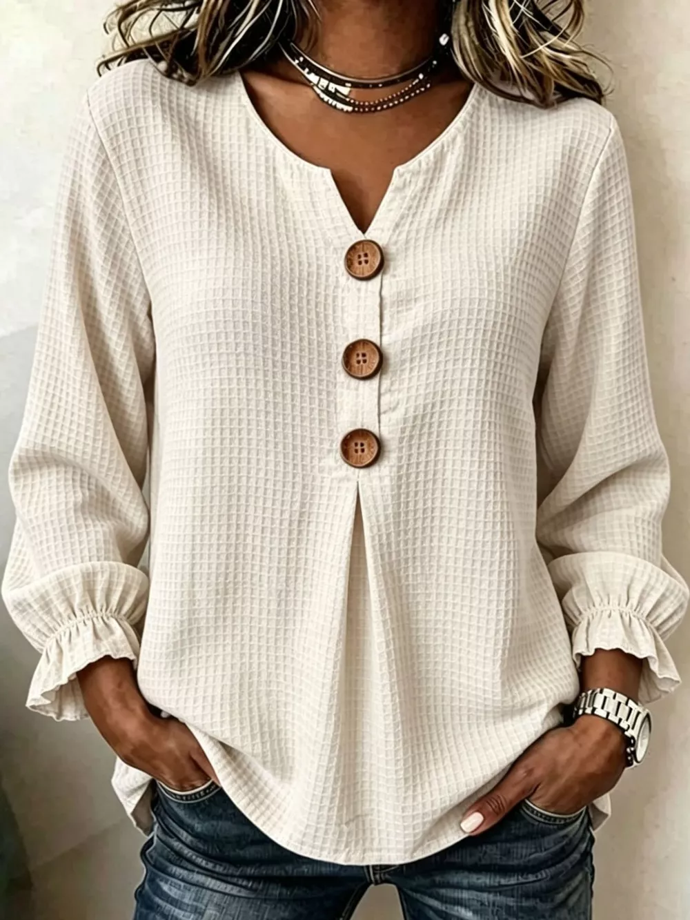 Full Size Waffle Knit Flounce Sleeve Blouse Plus Size, image 21