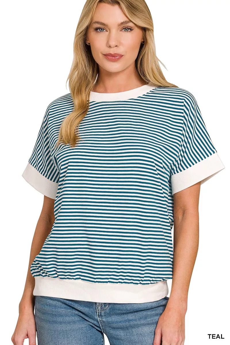 Stripe Contrast Trim Banded Bottom Top