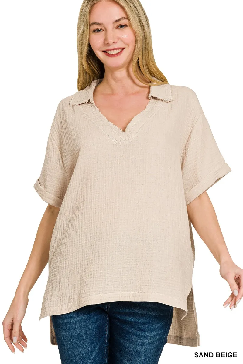 Double Gauze Short Sleeve High-Low Top