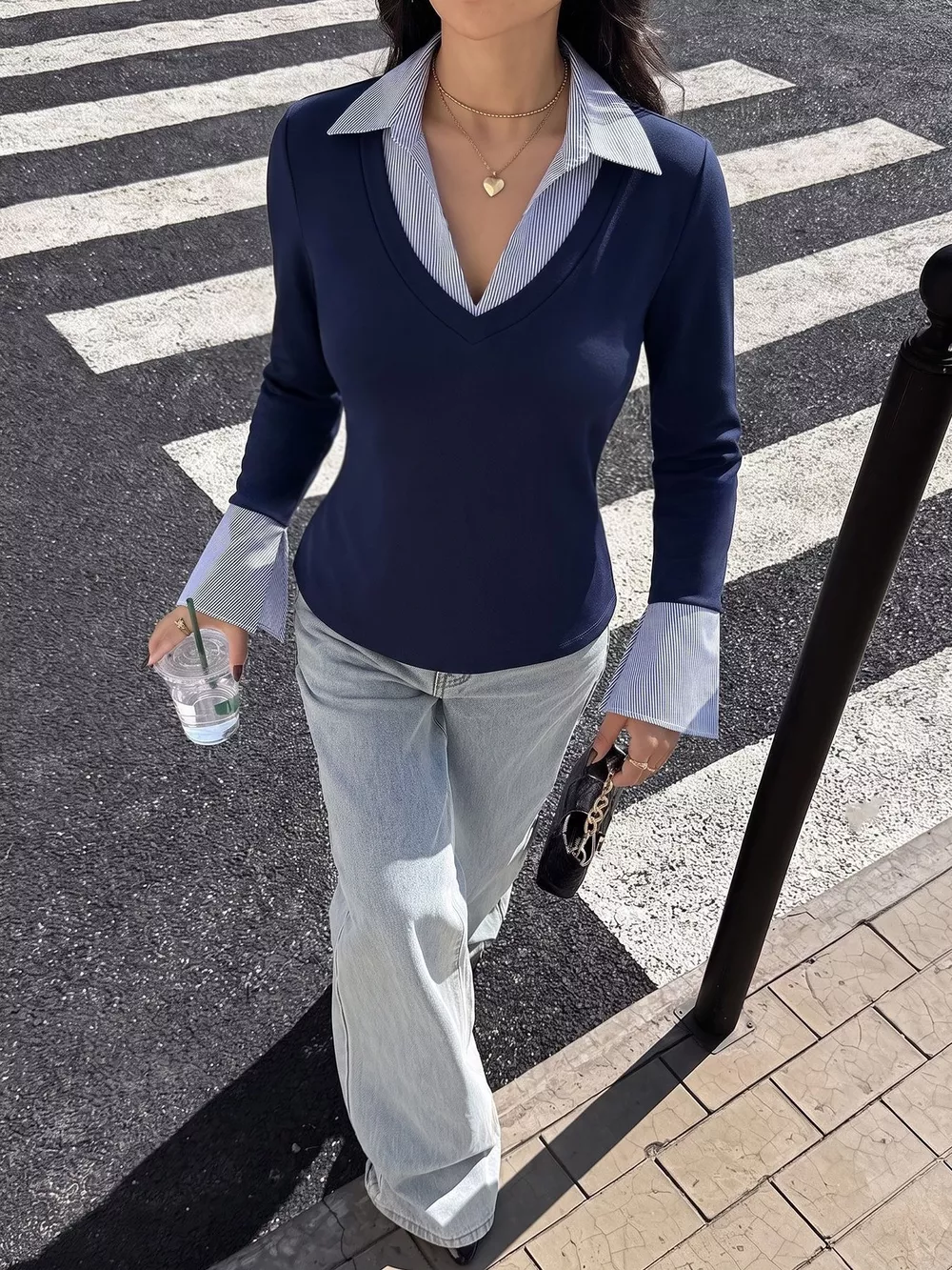 Contrast Collar Long Sleeve Top, image 3