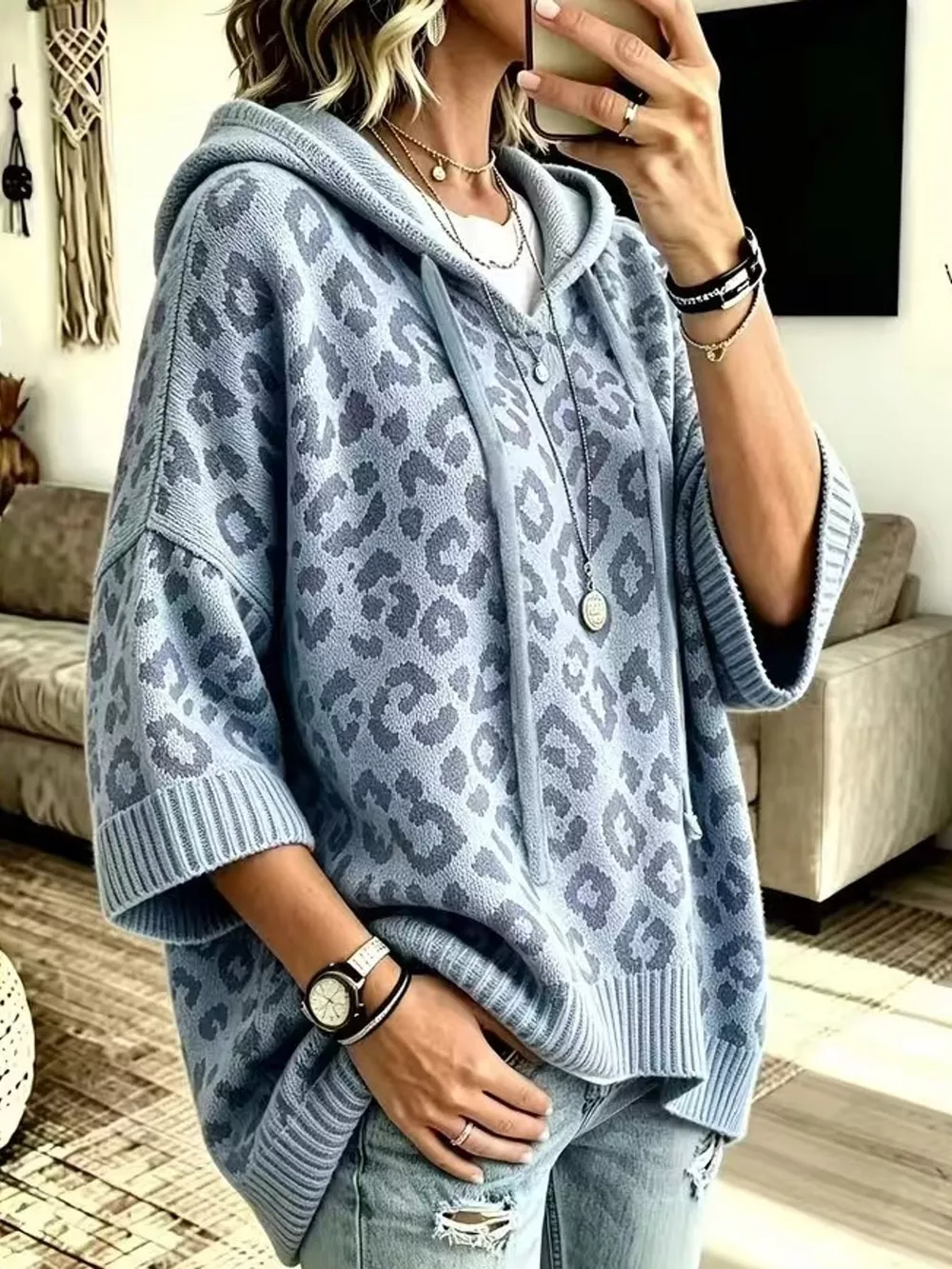 Full Size Leopard Print Hooded Knit Sweater Plus Size, image 17