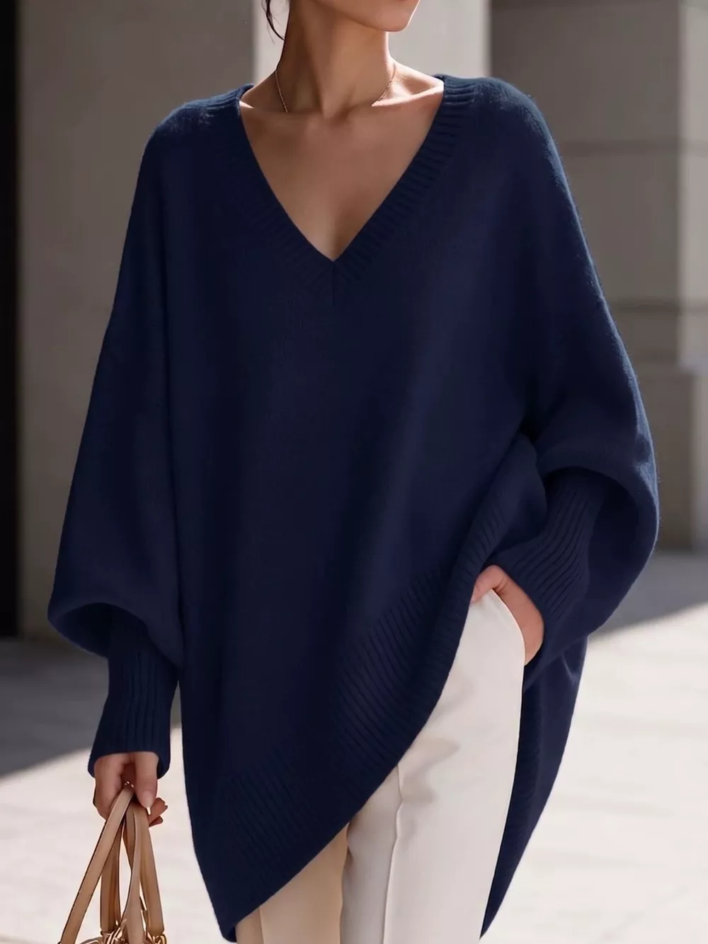 Full Size V-Neck Oversized Batwing Sleeve Sweater Plus Size, image 16