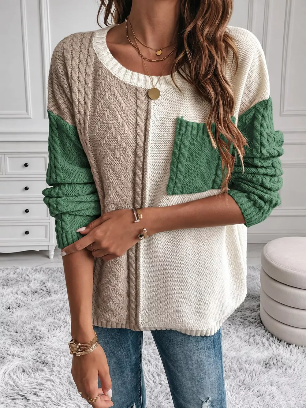Color Block Cable Knit Sweater, image 11