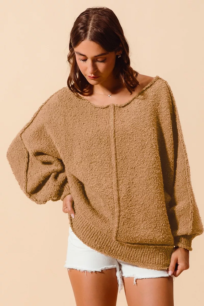 Loose Fit Exposed Seam Slouchy Boucle Sweater, image 3
