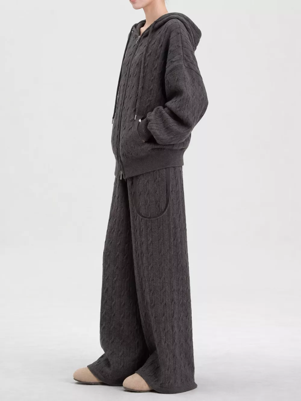 Cable Knit Zip-Up Hooded Cardigan and Wide-Leg Pants Sweater Set, image 4