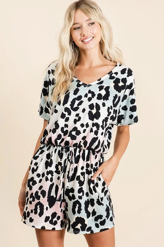 Gradation Leopard Soft Knit V-neck Romper