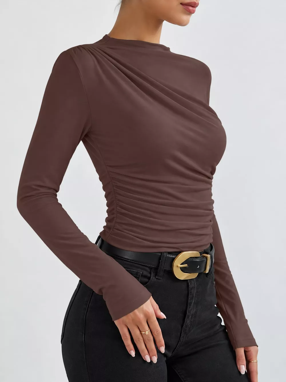 Ruched Long Sleeve Slim-Fit T-Shirt, image 17