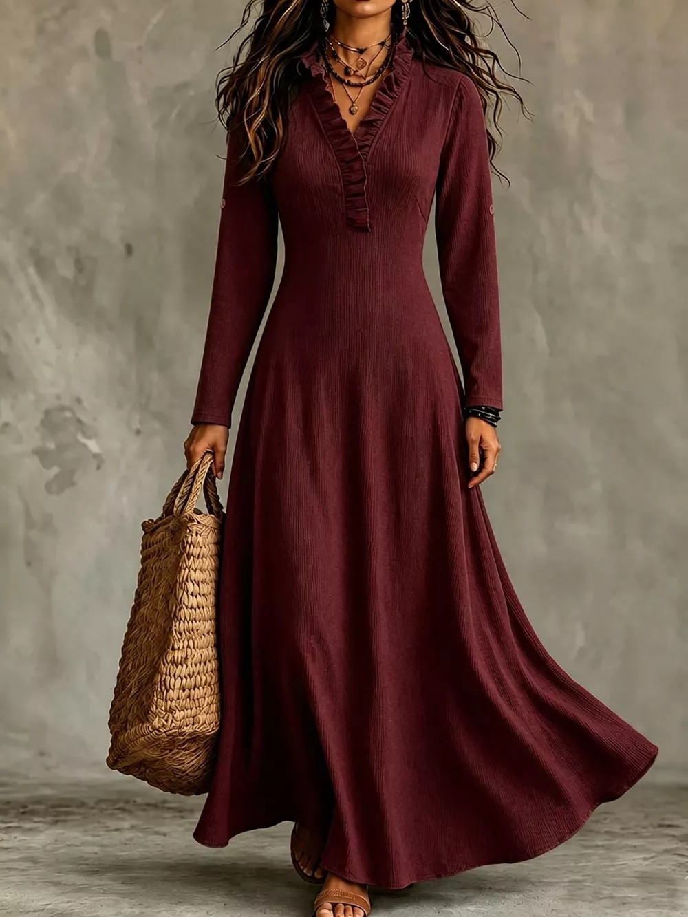 Full Size Frill Roll-Up Sleeve Maxi Dress Plus Size, image 13