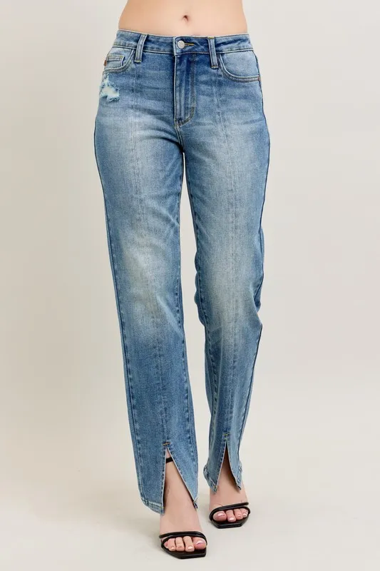 Full Size High Waist Vintage Wash Front Seam & Slit Straight Plus Size
