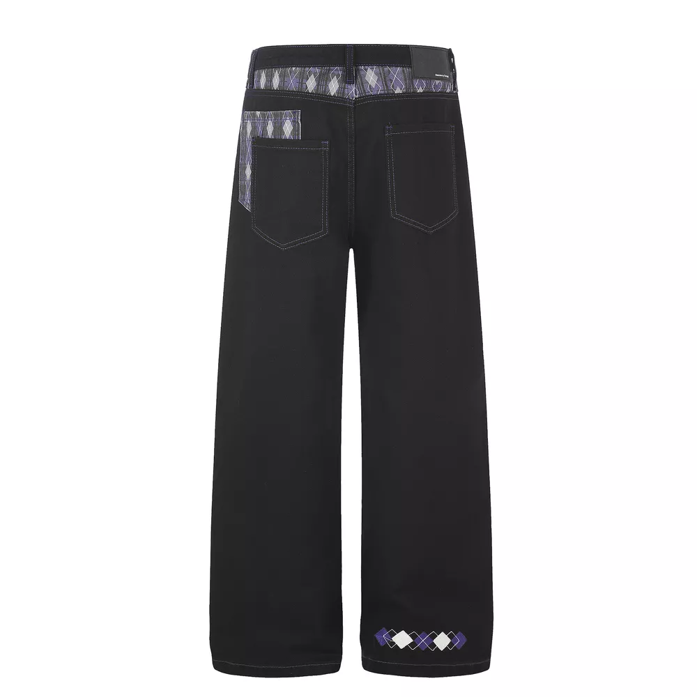 Men's High-Waisted Wide-Leg Jeans with Argyle Pattern Accents, image 3
