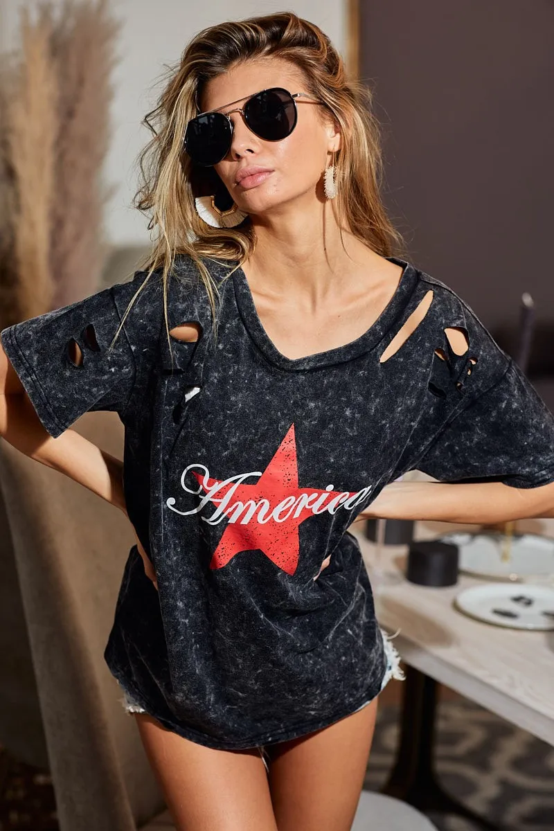 Laser Cut Mineral Washed Jersey Top with America, image 7