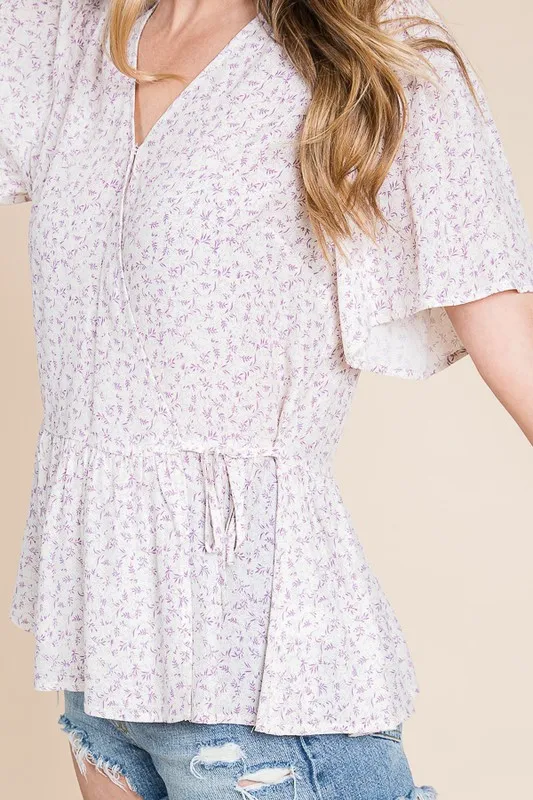 Ditsy Print V-Neck Short Sleeve Wrap Blouse, image 6