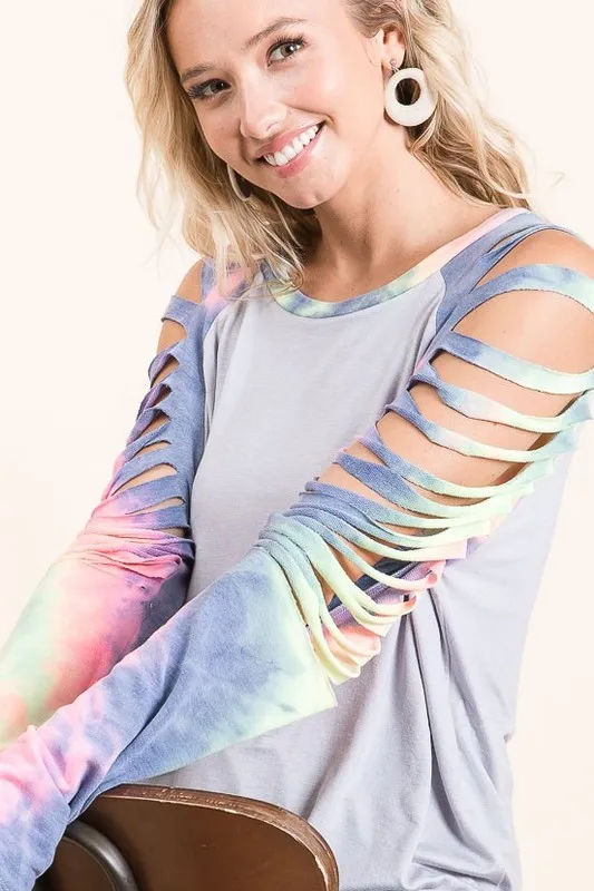 Jersey Knit Top with Tie Dye Laser Cut Sleeves, image 2