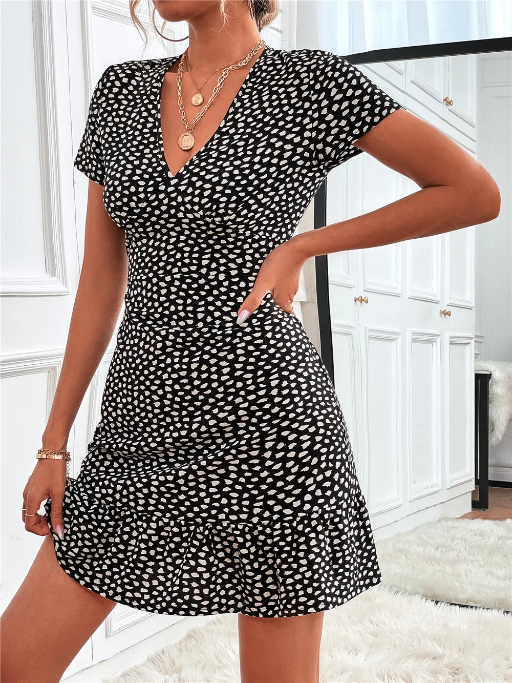 Printed Ruffled Hem V-Neck Short Sleeve Mini Dress, image 27