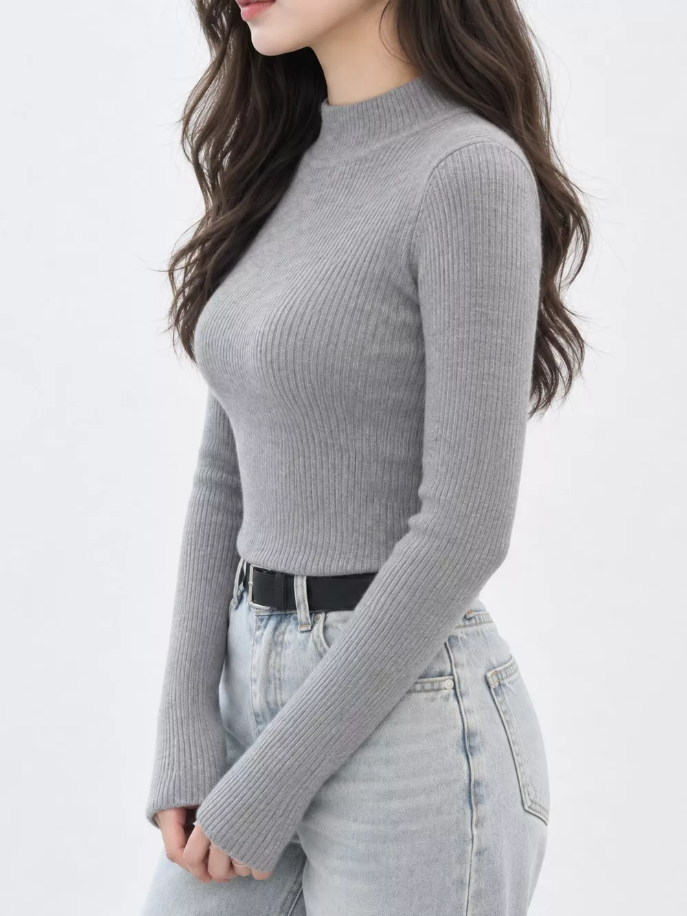 Elegant Slim-Fit Ribbed Mock Neck Knit Top, image 22