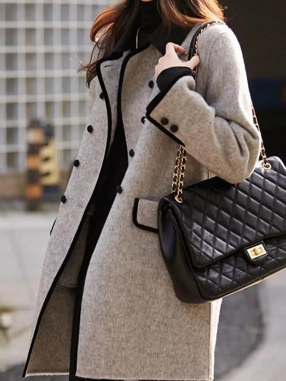 Plus Size Double-Breasted Coat with Contrast Trim, image 3