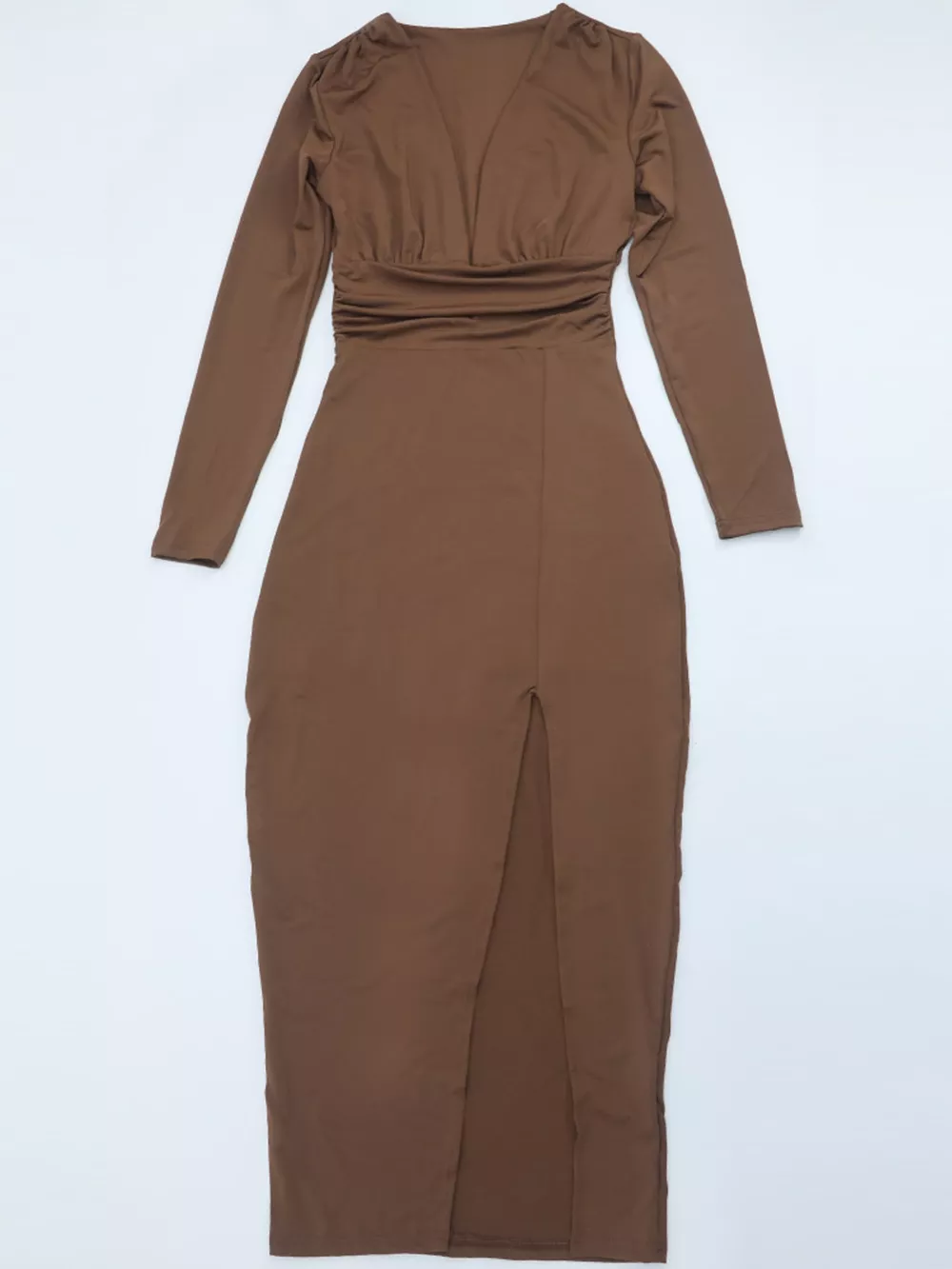 Deep V-Neck Ruched Bodycon Dress with High Slit, image 15