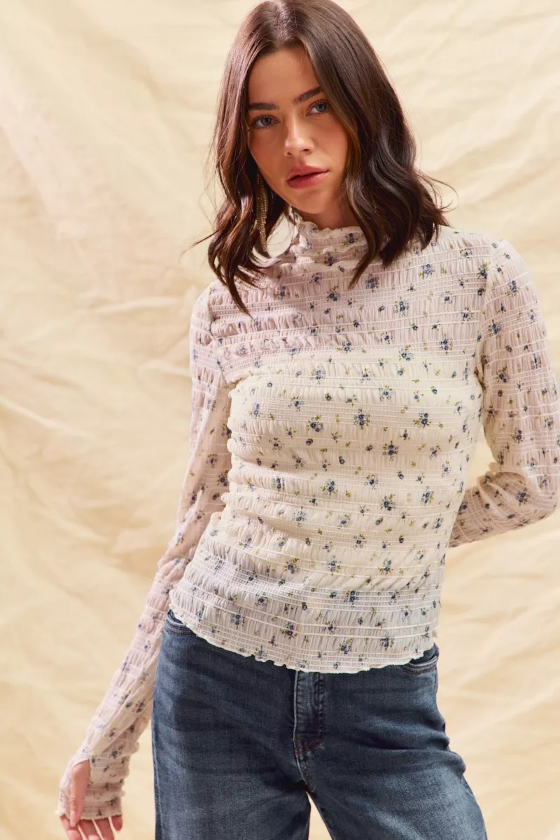 Floral Print Textured Long Sleeve Knit Top, image 3