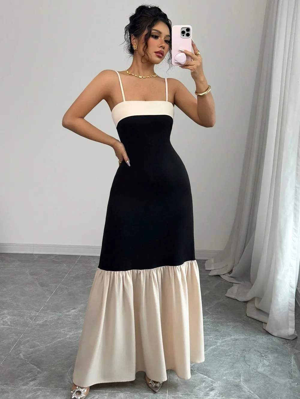 Two-Tone Spaghetti Strap Maxi Dress, image 6