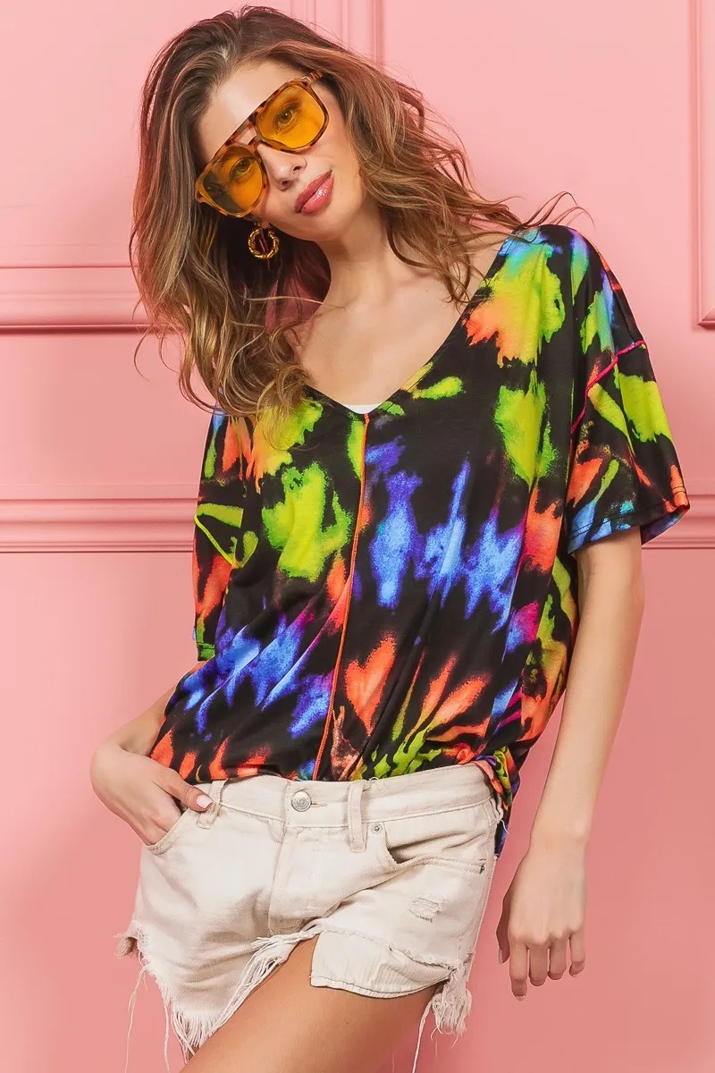 Tie Dye Print Jersey Stitched V Neck Top, image 4