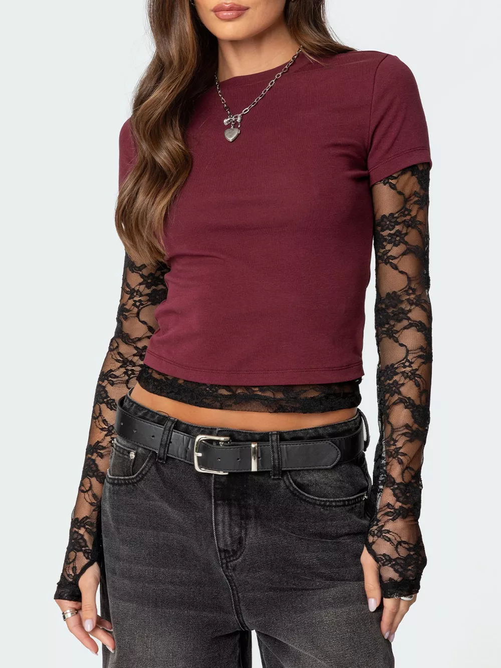 Lace Sleeve Fitted T-Shirt, image 10