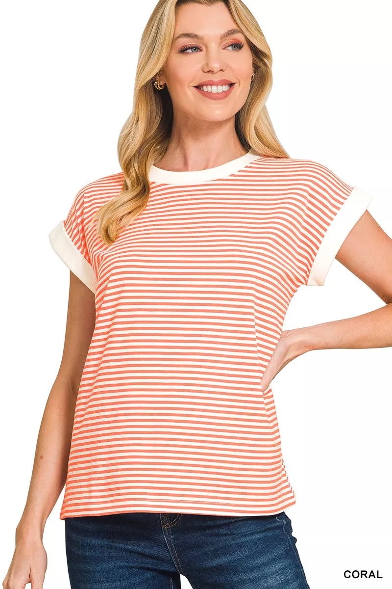 Striped Round Neck Short Sleeve Contrast Trim T-Shirt