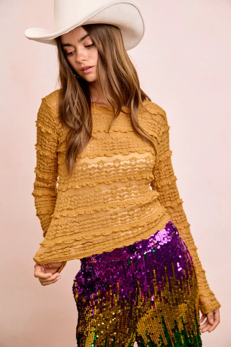 Ruffles Detail Mardi Gras Color Flower Lace Top, image 9