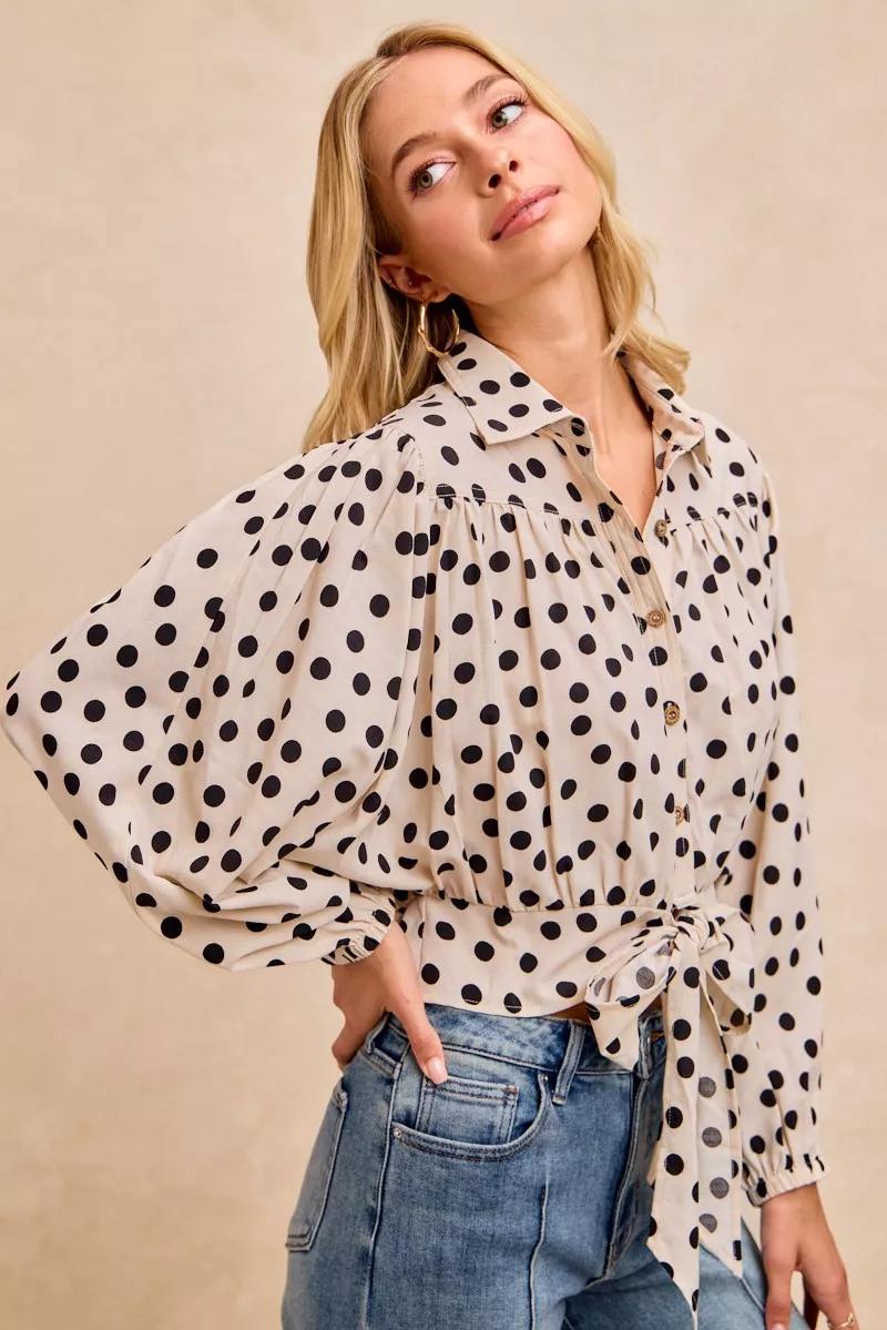 Polka Dot Print Tie Hem Detail Crop Shirt, image 9