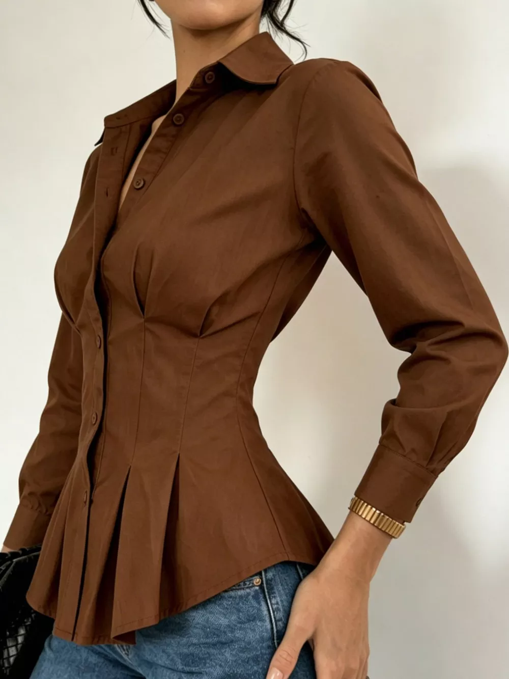 Button-Down Peplum Blouse with Fitted Waist, image 3