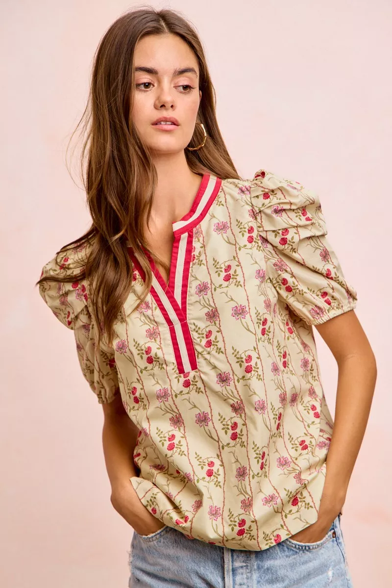 Floral Gather Sleeves Contrast Neckband Blouse Top, image 14