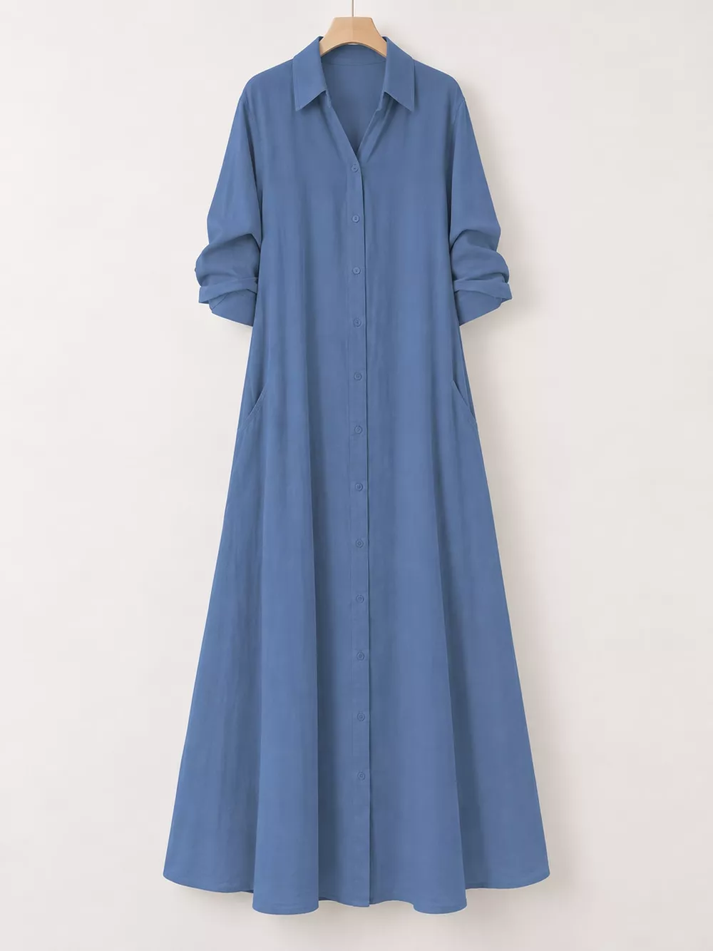 Full Size Button Front Long Sleeve Maxi Shirt Dress Plus Size, image 37