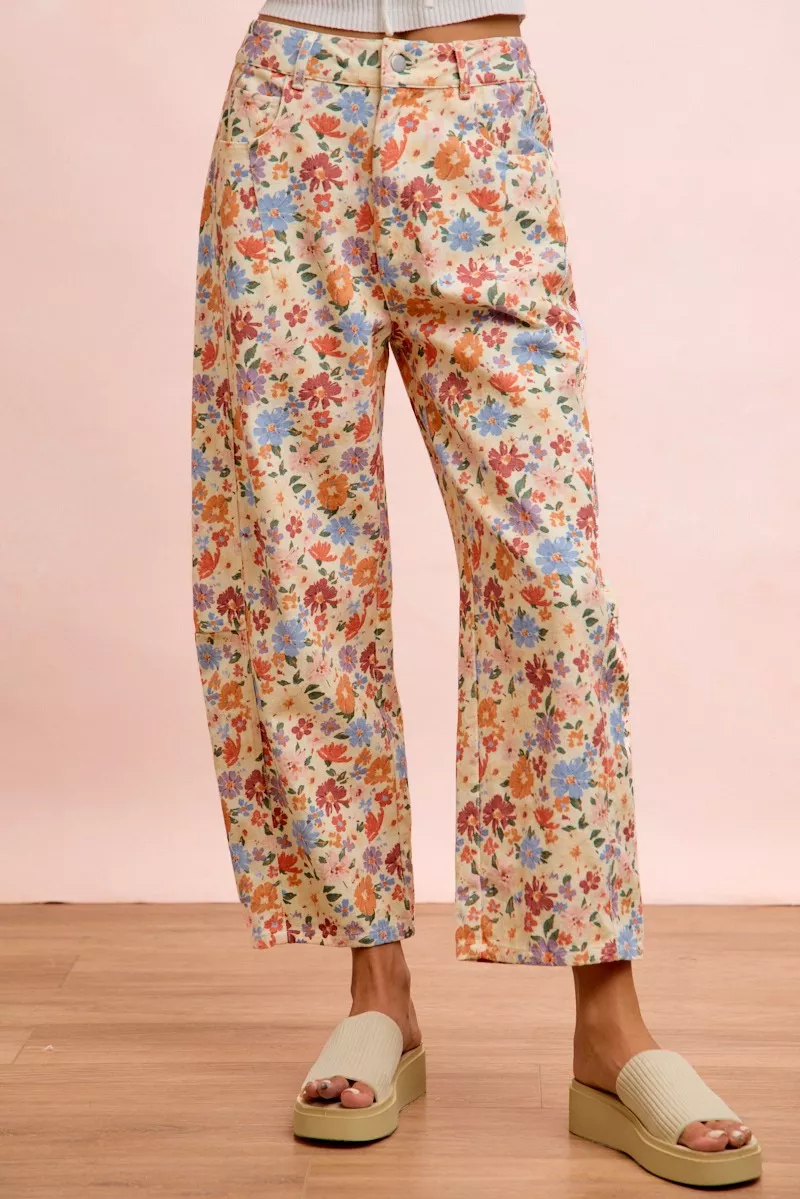 BiBi Washed Floral Printed Twill Barrel Pants