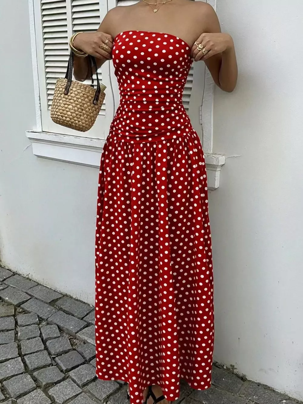 Strapless Polka Dot Ruched Maxi Dress, image 16