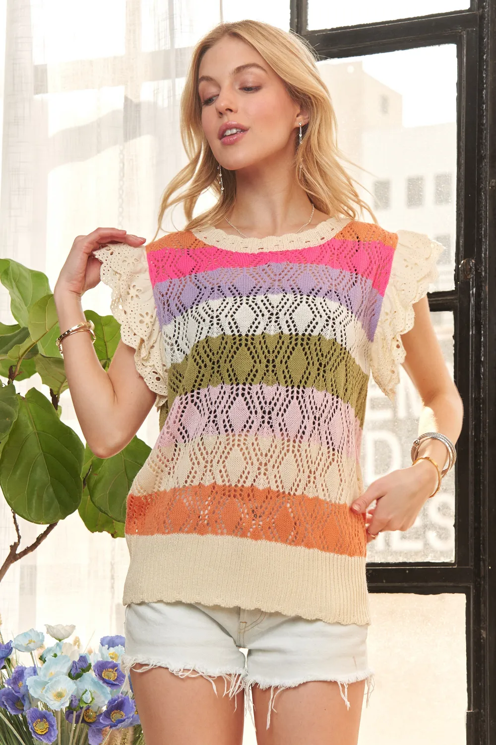 Eyelet Sleeve Multi Color Crochet Top, image 8