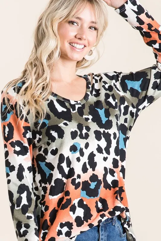 Gradation Leopard Print Soft Knit Deep U Neck Top, image 4