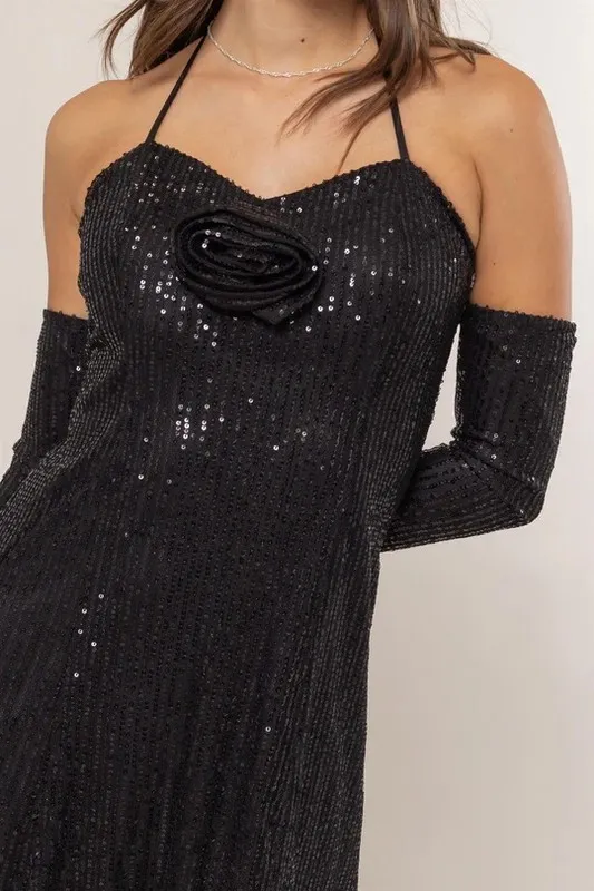 Sequin Rosette Halter Mini Dress, image 3
