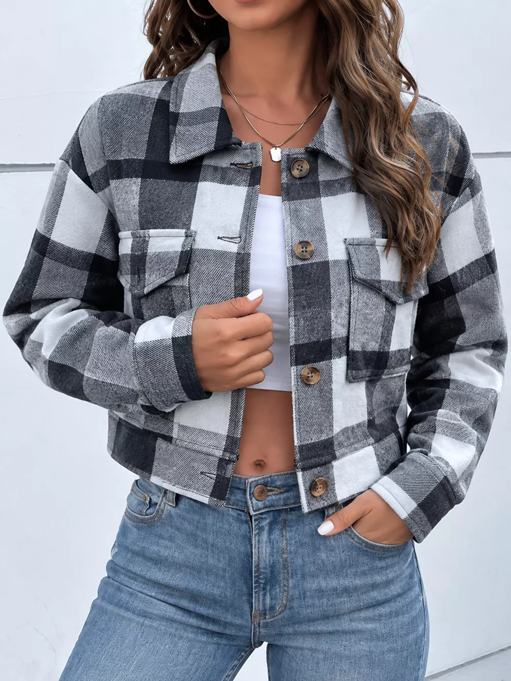 Plaid Button-Front Cropped Jacket, image 43