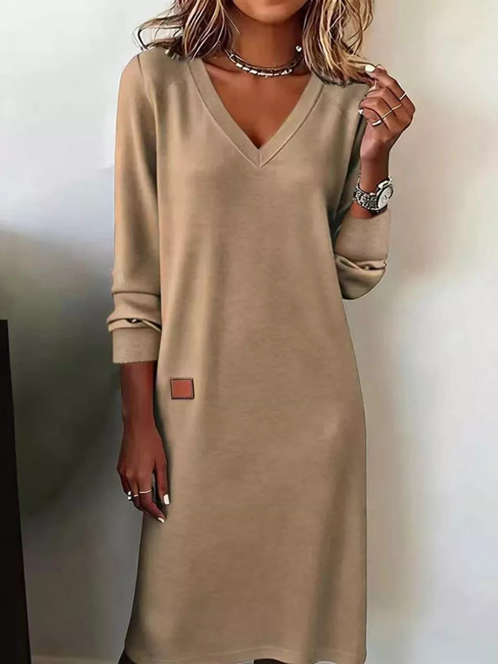 Full Size V-Neck Long Sleeve Midi Dress Plus Size, image 11