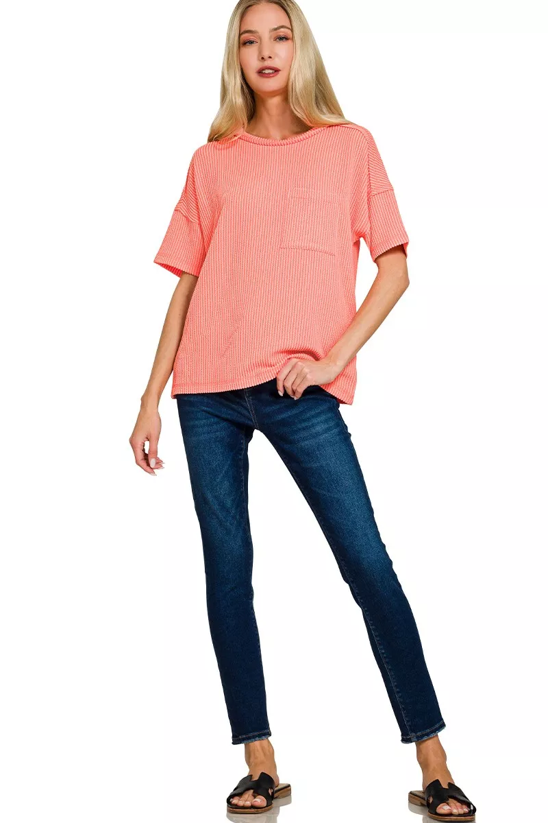 Raised Rib Exposed Seam Short Sleeve Top, image 4