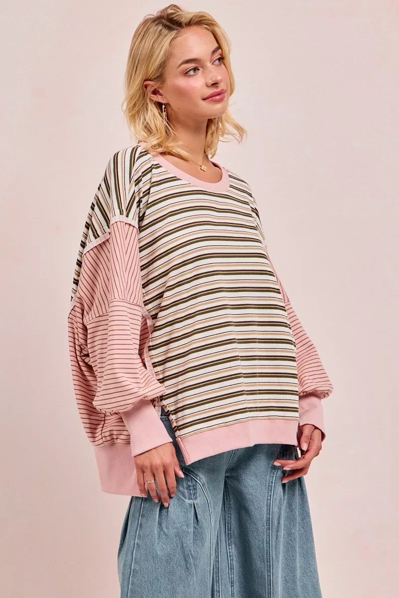 Stripe Mixed Top With Cut Edge And Reverse Outseam, image 8