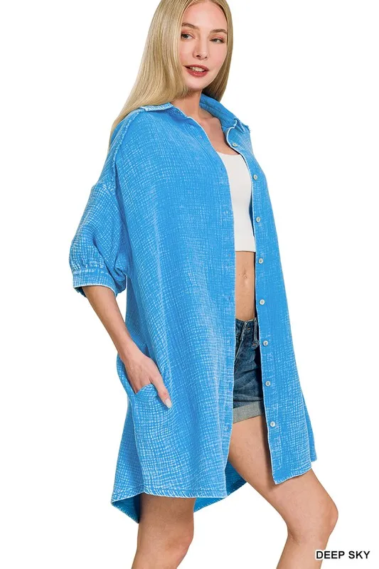 Washed Double Gauze Button Down Shirt Dress, image 4