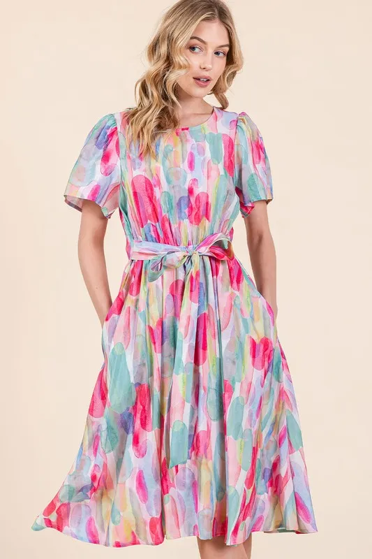 Watercolor Print Tie Front Midi Dress, image 8
