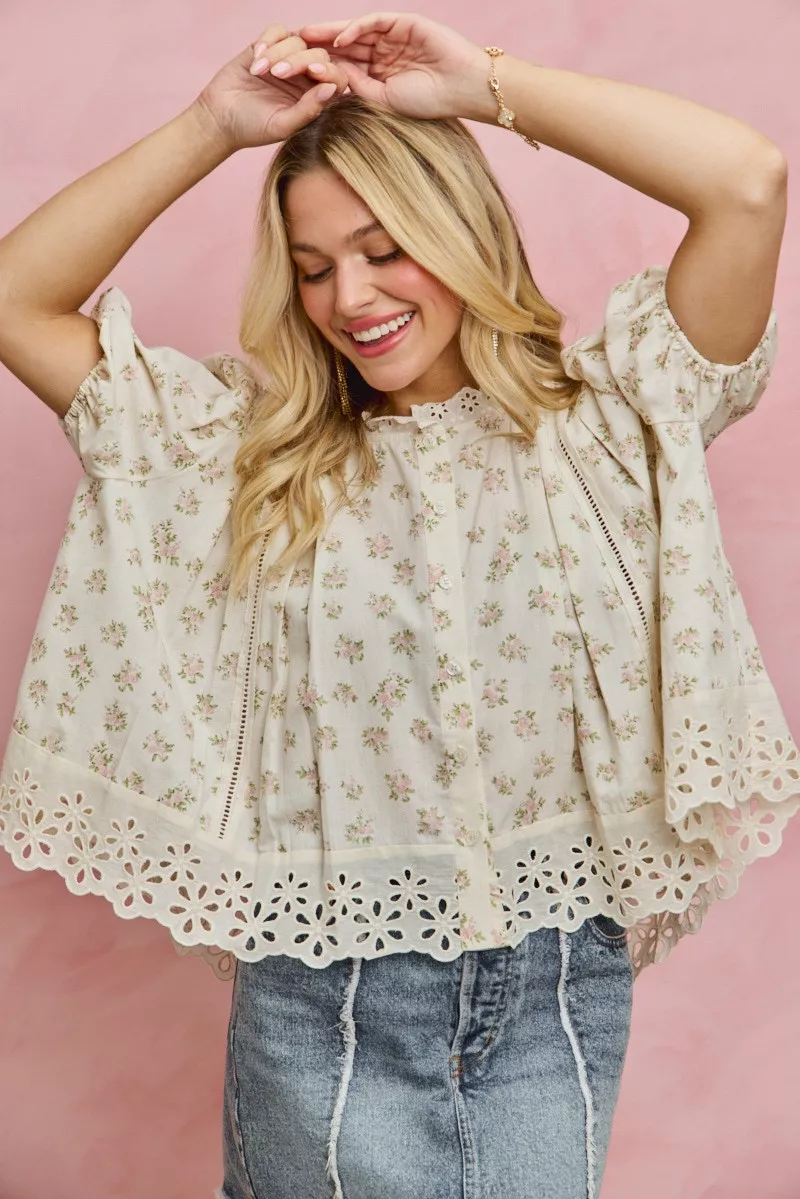 Floral Print Lace Trim Short Sleeves Blouse, image 12