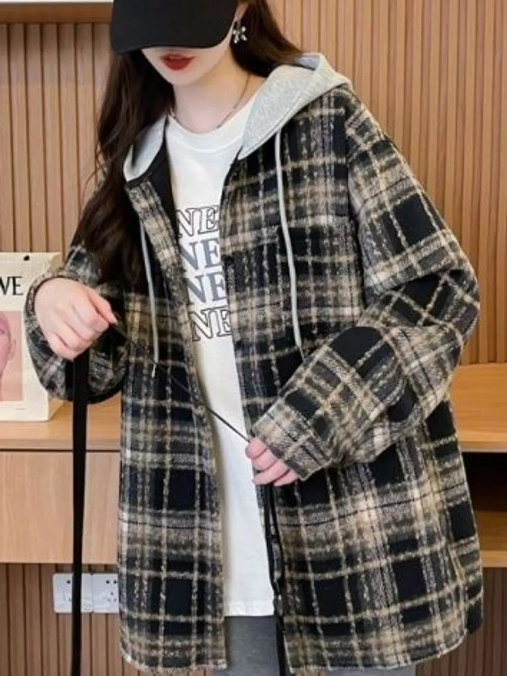 Plaid Button Up Hooded Shacket, image 7