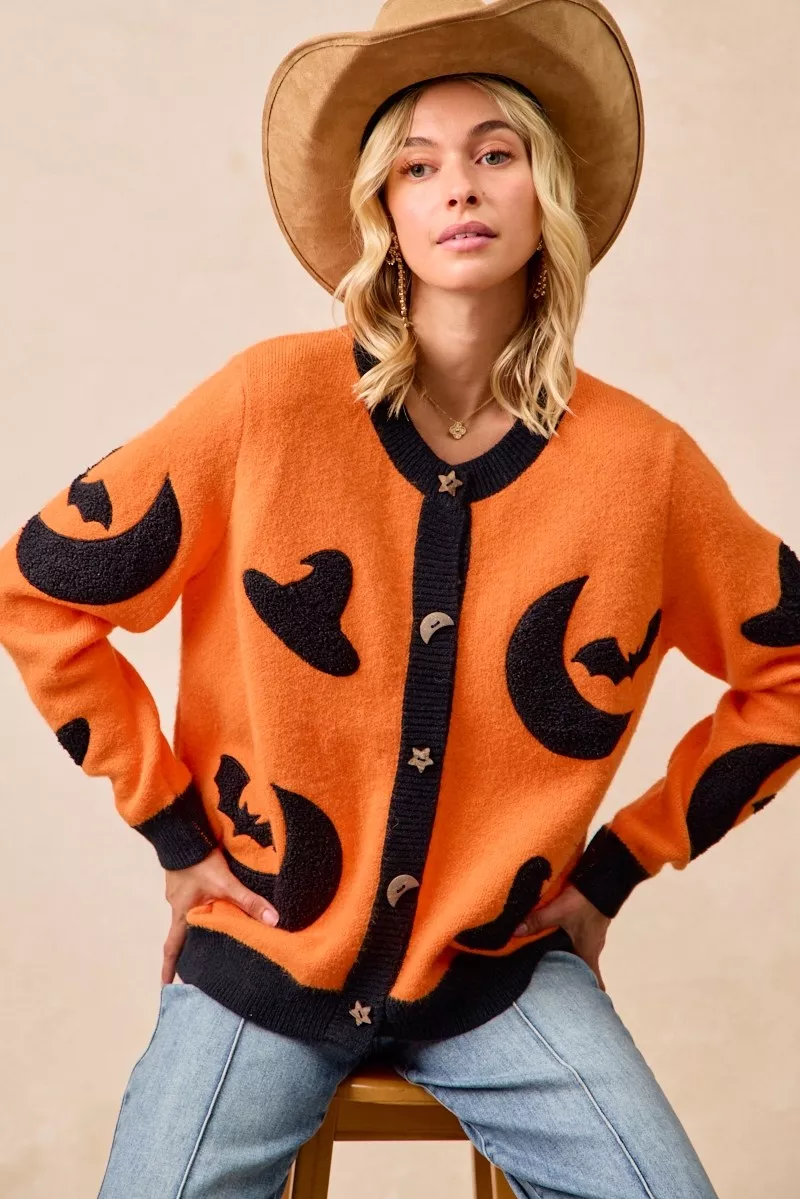 Halloween Witch Hat Moon Bat Artwork Cardigan, image 17