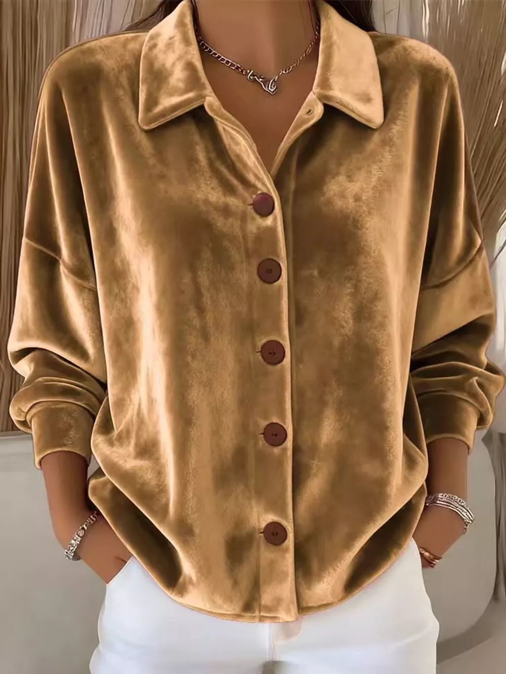 Full Size Velvet Button-Down Long Sleeve Shirt Plus Size