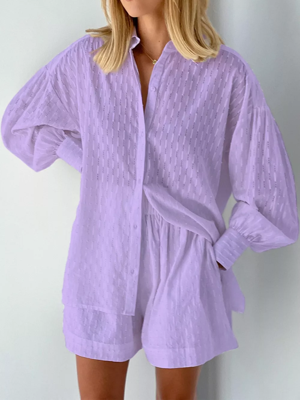 Textured Button-Down Shirt and Shorts Set, image 17